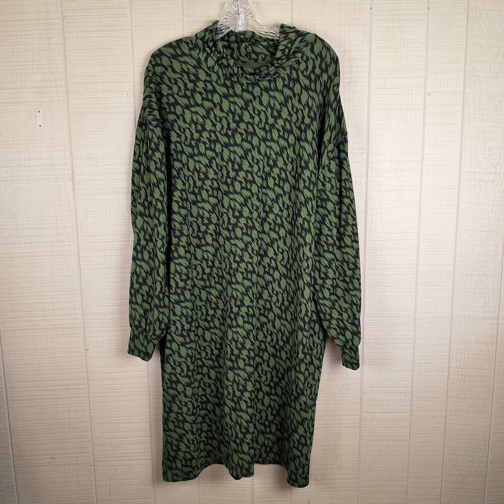 Garnet Hill Zen Comfort Knit Dress Green Black Pattern Pockets